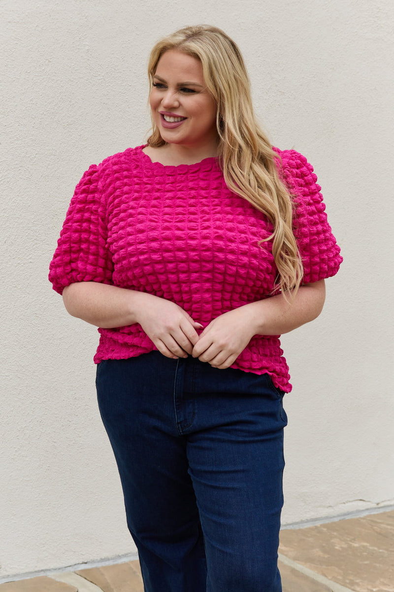 Iris Full Size Bubble Textured Puff Sleeve Top