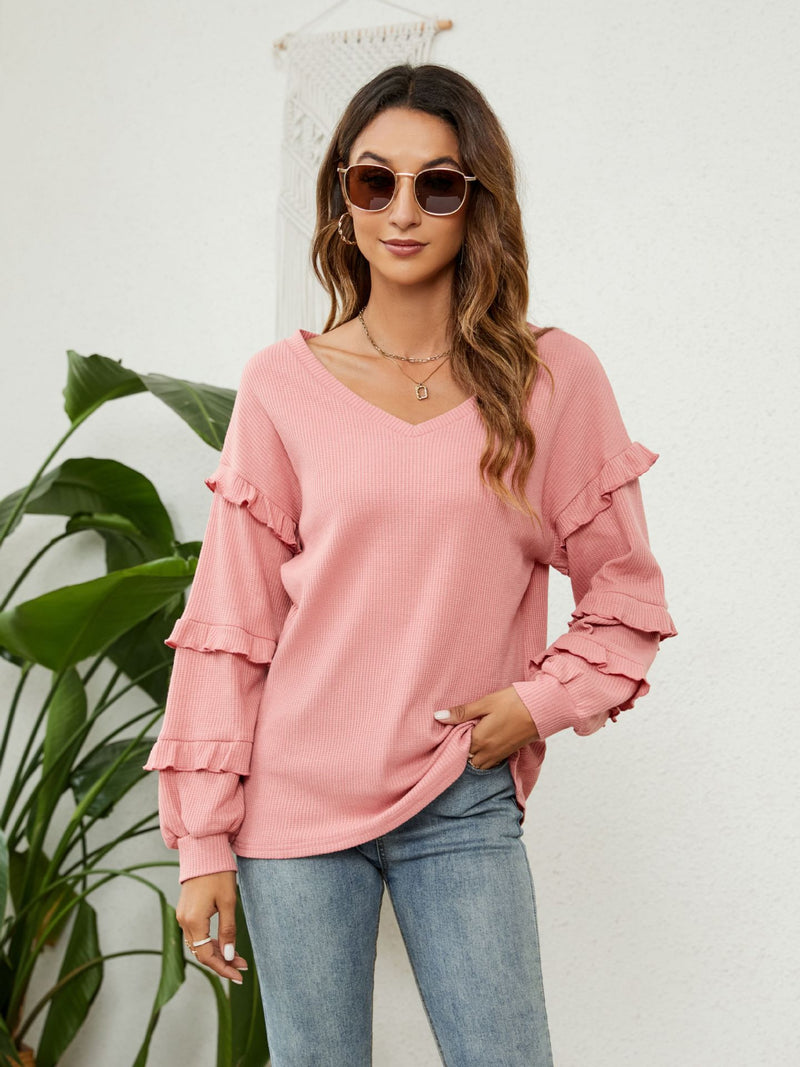 Kara Ruffle Trim V-Neck Long Sleeve T-Shirt