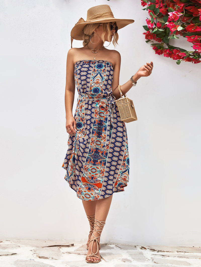 Tiana Printed Strapless Tie Belt Dress