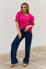 Iris Full Size Bubble Textured Puff Sleeve Top