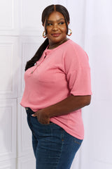 Maddox Full Size 1/4 Button Down Waffle Top in Coral