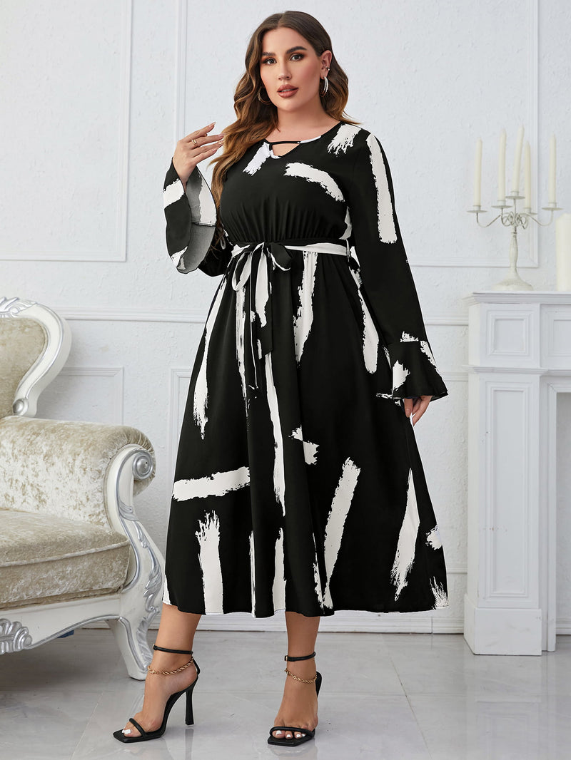 Aleah Plus Size Printed Tie Belt Flare Sleeve Round Neck Midi Dress