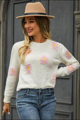 Adelaide Flower Pattern Round Neck Short Sleeve Pullover Sweater