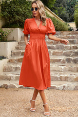 Xyla Puff Sleeve Smocked Waist Midi Dress