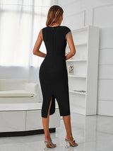 Bri Asymmetrical Rhinestone Fringe Bandage Dress