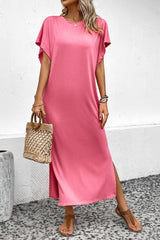 Amelie Round Neck Short Sleeve Side Slit Midi Dress