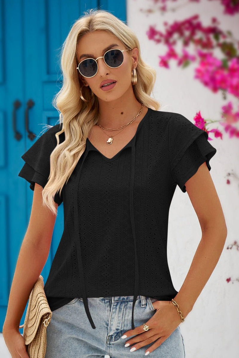 Beatrix Tie-Neck Flutter Sleeve Blouse