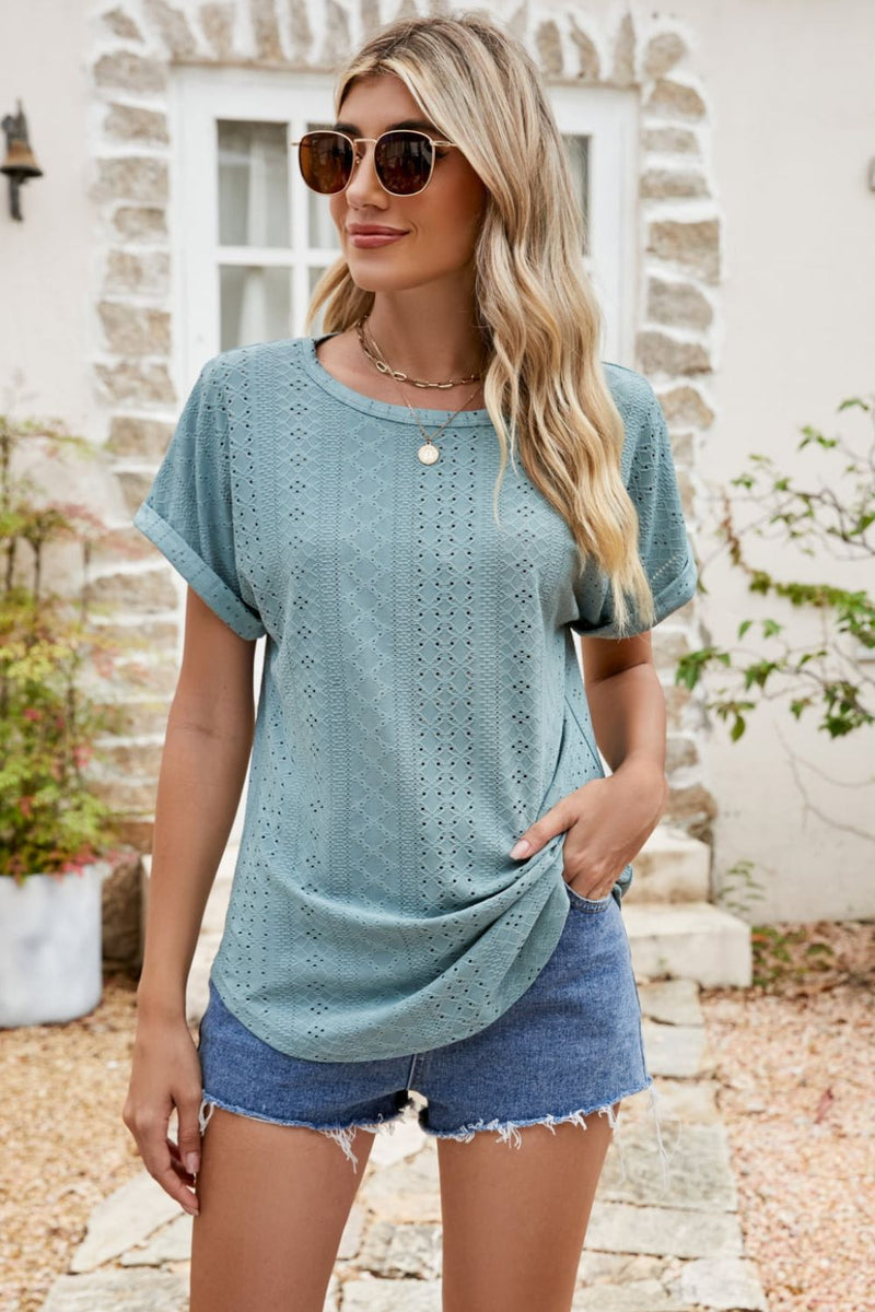Nala Full Size Round Neck Eyelet Short Sleeve Top