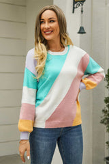 April Color Block Round Neck Long Sleeve Sweater