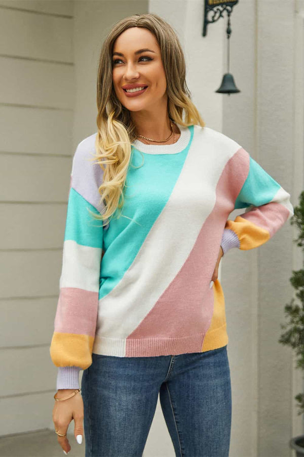 April Color Block Round Neck Long Sleeve Sweater