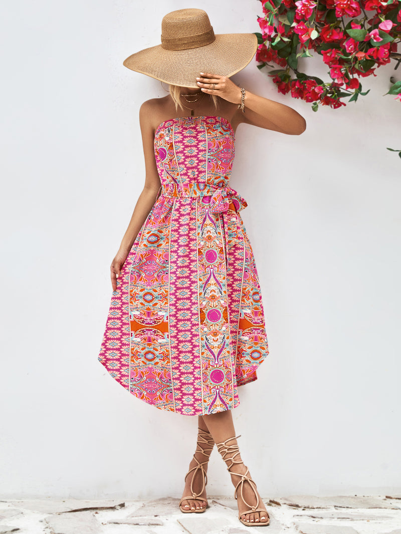 Tiana Printed Strapless Tie Belt Dress