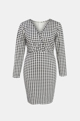 Collins Plus Size Houndstooth Surplice Neck Long Sleeve Pencil Dress