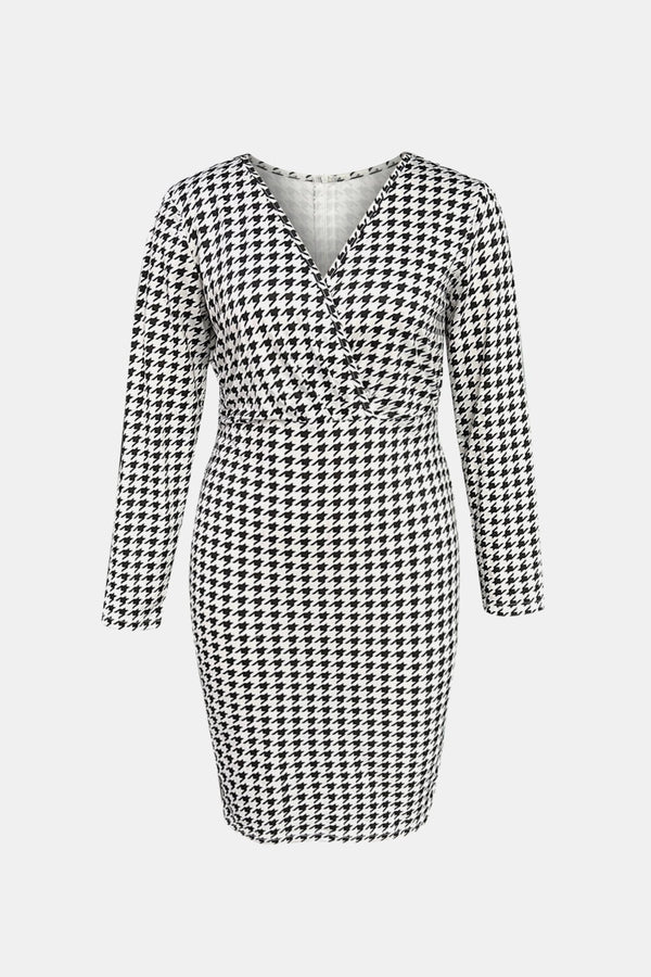 Collins Plus Size Houndstooth Surplice Neck Long Sleeve Pencil Dress