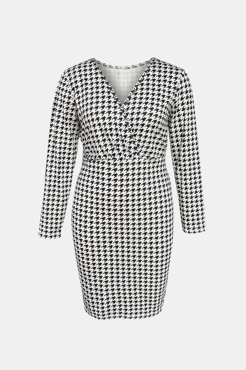 Collins Plus Size Houndstooth Surplice Neck Long Sleeve Pencil Dress