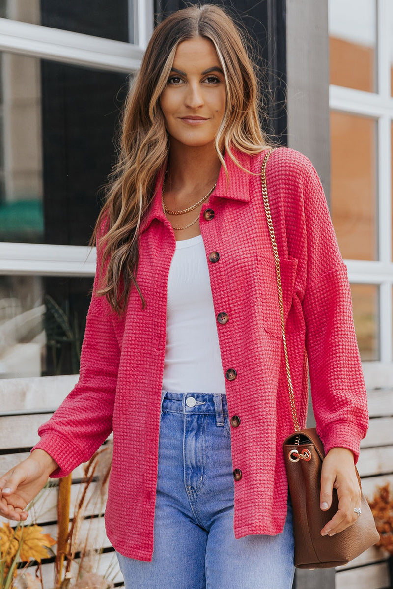 Saige Waffle-Knit Collared Neck Dropped Shoulder Shirt