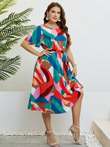 Mara Plus Size Printed Round Neck Tie Belt Dress