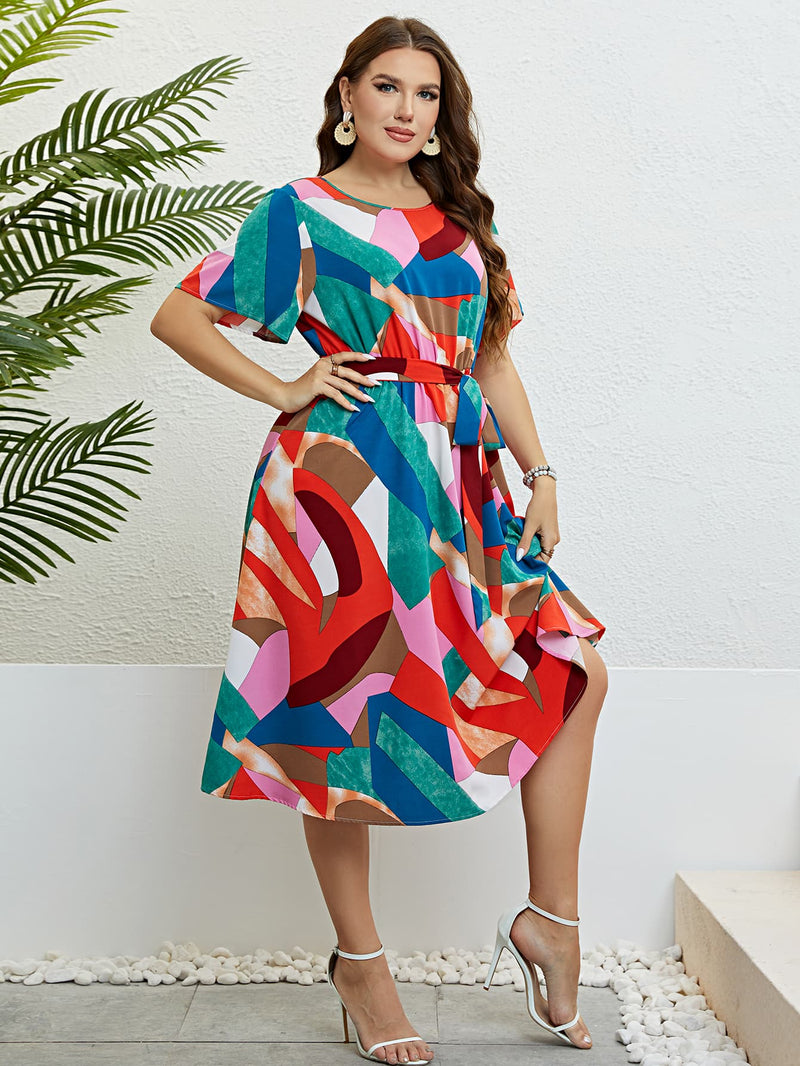 Mara Plus Size Printed Round Neck Tie Belt Dress