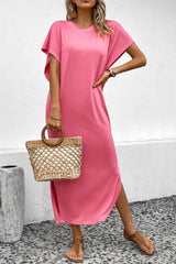 Amelie Round Neck Short Sleeve Side Slit Midi Dress