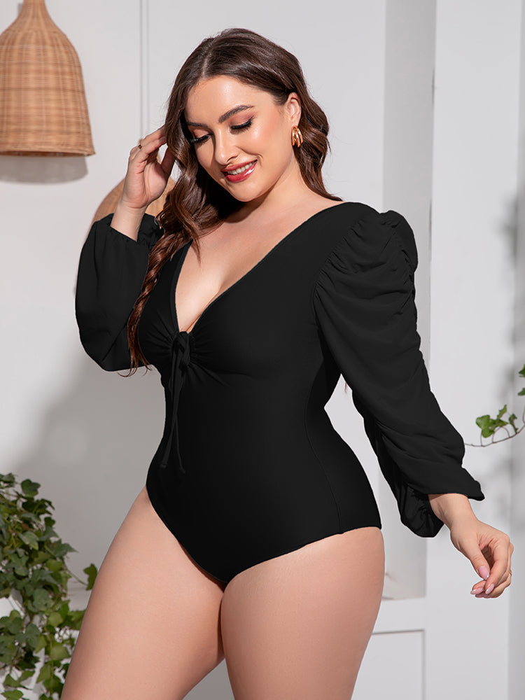 Palmer Plus Size Tied Deep V Balloon Sleeve One-Piece Swimsuit
