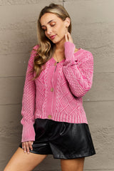 Heather Soft Focus Full Size Wash Cable Knit Cardigan in Fuchsia