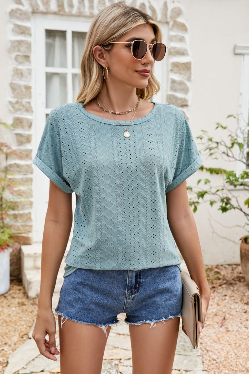 Nala Full Size Round Neck Eyelet Short Sleeve Top