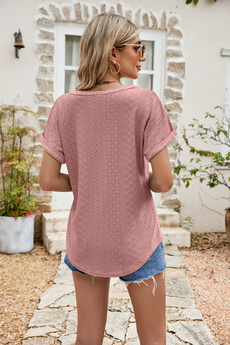 Nala Full Size Round Neck Eyelet Short Sleeve Top