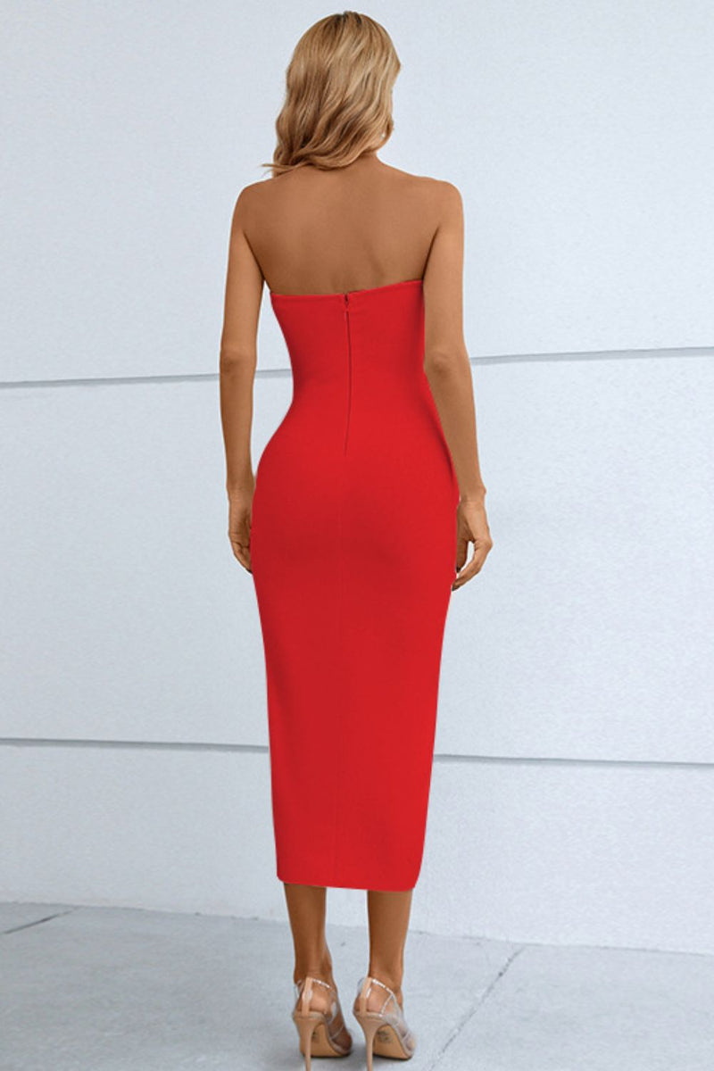 Ophelia Cutout Strapless Drawstring Detail Split Bandage Dress