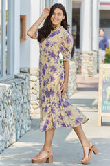 Kenna Puff Sleeve Floral Midi Dress in Yellow