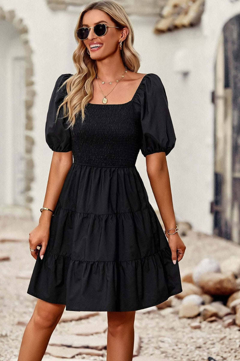 Rory Balloon Sleeve Square Neck Smocked Midi Dress