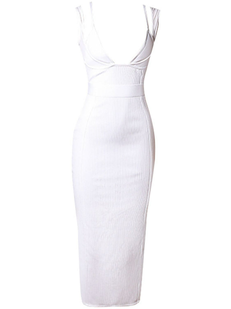 Freyja Ribbed Deep V Midi Bandage Dress