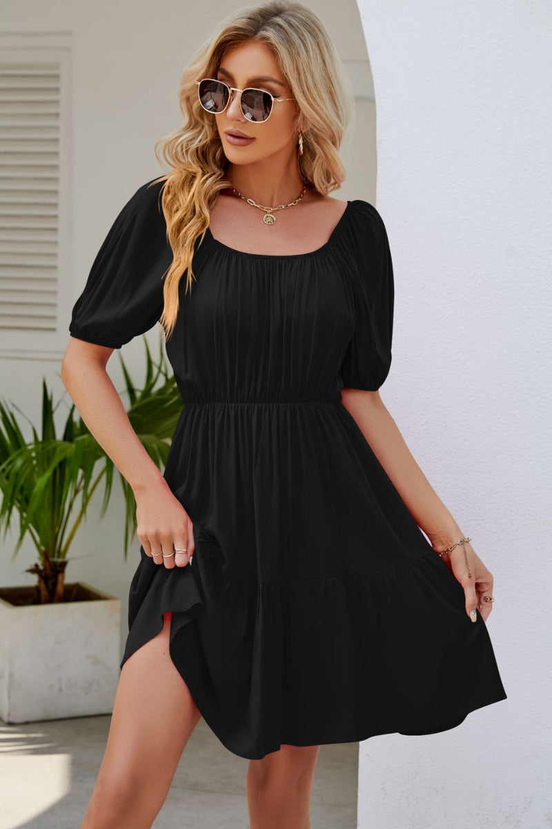 Judith Ruched Square Neck Puff Sleeve Mini Dress