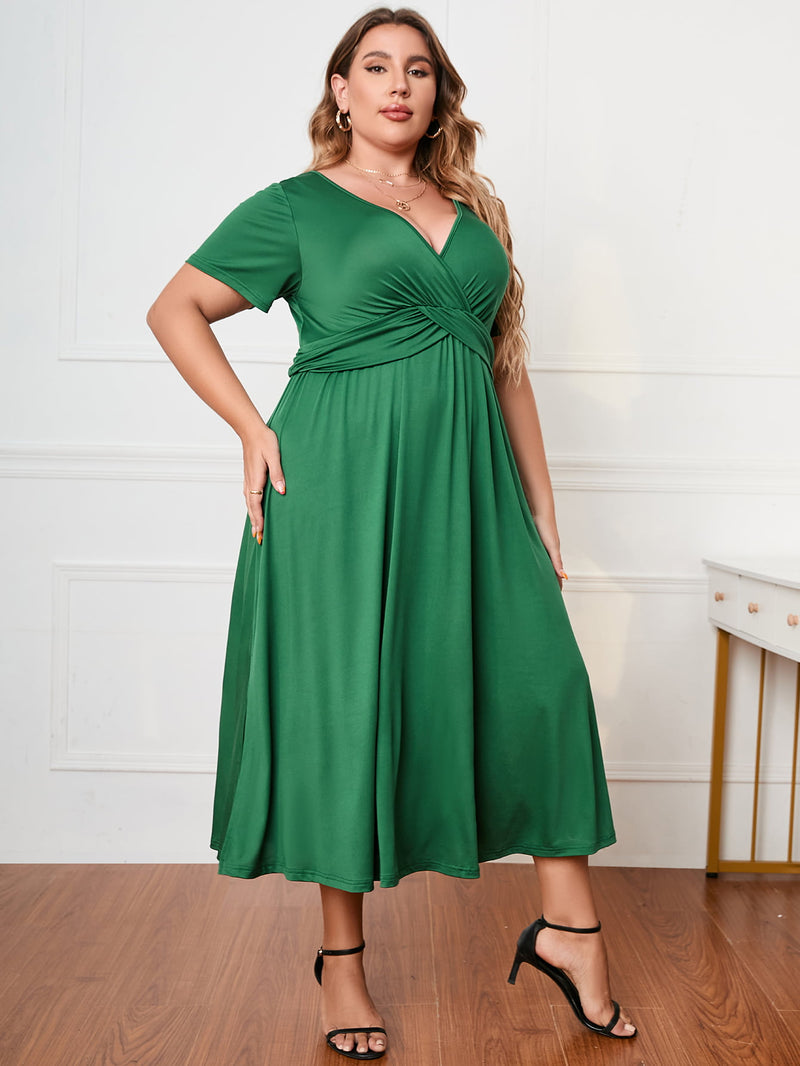 Melina Plus Size Short Sleeve Surplice Neck Midi Dress