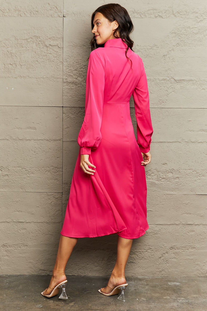 Opal Collared Neck Long Sleeve Twisted Midi Dress