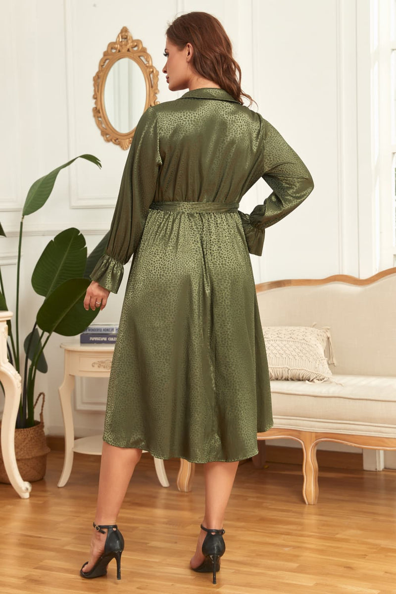 Janella Plus Size Surplice Neck Tie Belt Flounce Sleeve Midi Dress
