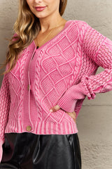 Heather Soft Focus Full Size Wash Cable Knit Cardigan in Fuchsia