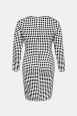 Collins Plus Size Houndstooth Surplice Neck Long Sleeve Pencil Dress