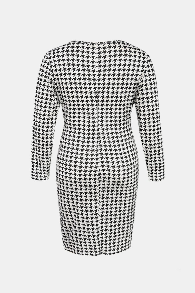 Collins Plus Size Houndstooth Surplice Neck Long Sleeve Pencil Dress