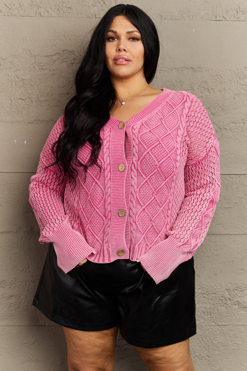 Heather Soft Focus Full Size Wash Cable Knit Cardigan in Fuchsia
