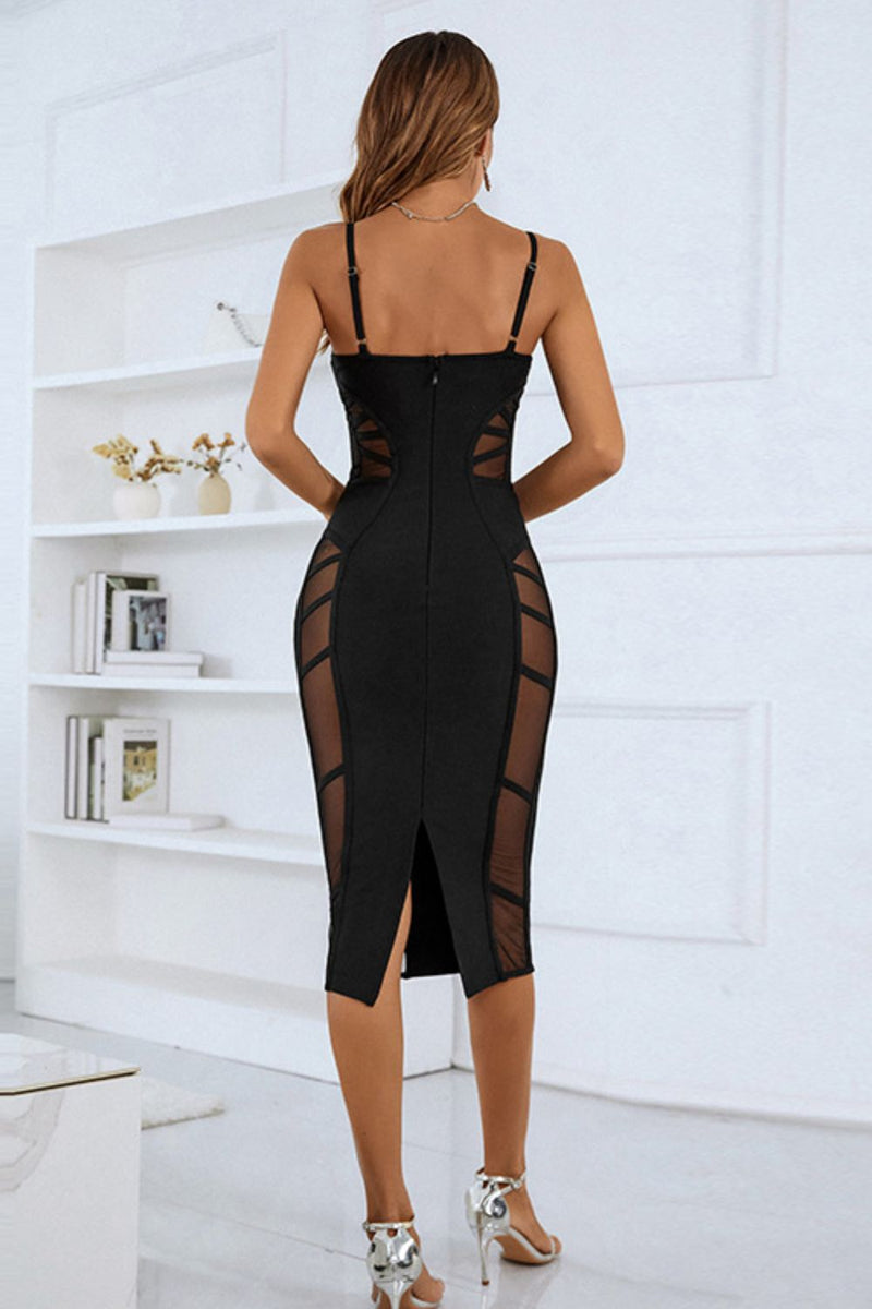 Pixie Spaghetti Strap Spliced Mesh Slit Back Dress