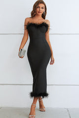 Daphne Feather Trim Strapless Sweetheart Neck Dress