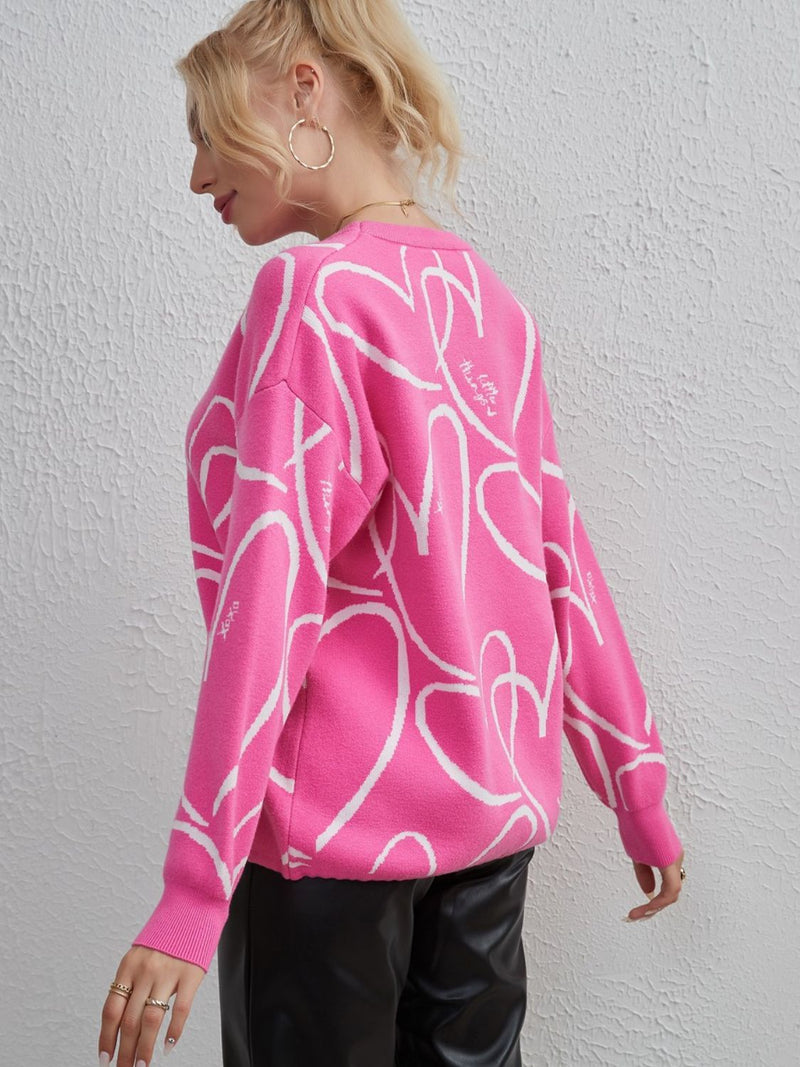 Divine Heart Pattern Drawstring Hem Sweater