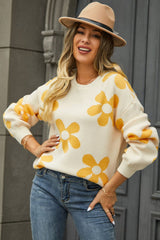 Flora Print Round Neck Dropped Shoulder Pullover Sweater