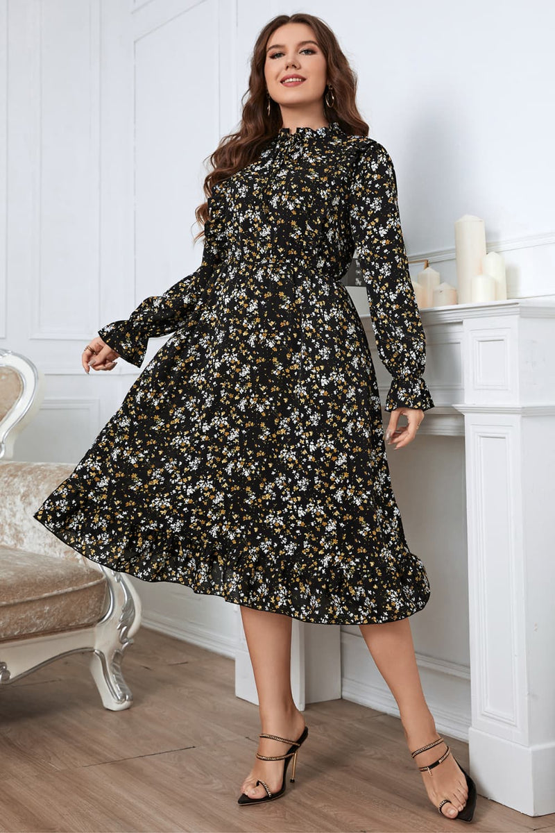 Nicola Plus Size Floral Flounce Sleeve Midi Dress