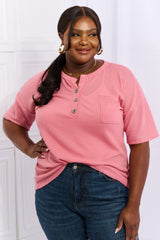 Maddox Full Size 1/4 Button Down Waffle Top in Coral
