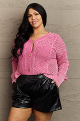 Heather Soft Focus Full Size Wash Cable Knit Cardigan in Fuchsia