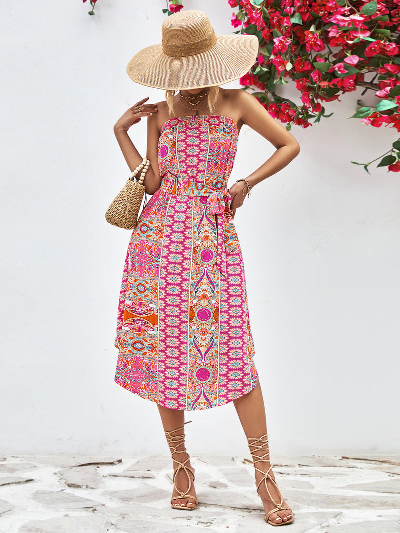 Tiana Printed Strapless Tie Belt Dress