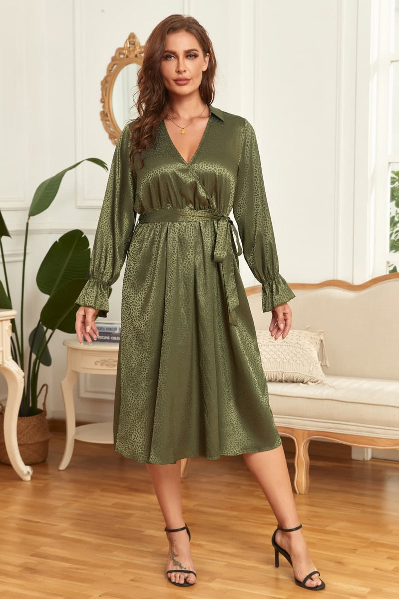 Janella Plus Size Surplice Neck Tie Belt Flounce Sleeve Midi Dress