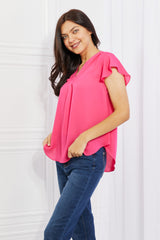 Bridget Full Size Short Ruffled Sleeve Length Top in Hot Pink