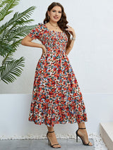 Reyna Plus Size Floral Smocked Square Neck Dress