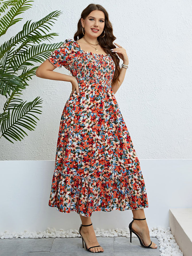 Reyna Plus Size Floral Smocked Square Neck Dress